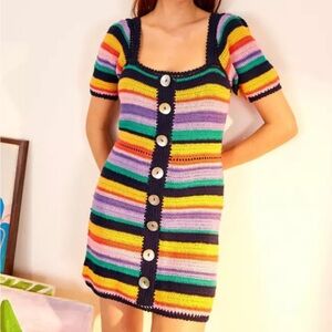 Farm Rio Handmade Rainbow Crochet Mini Dress